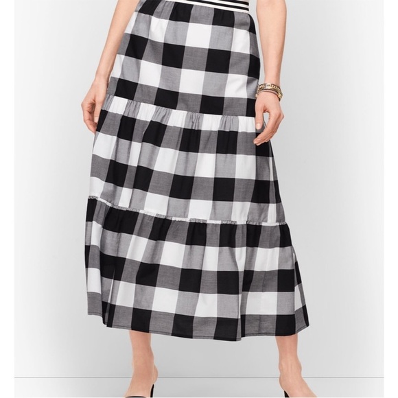 Talbots NWT Buffalo Checker print Tiered Midi Skirt black white PETITE XS - Picture 1 of 8